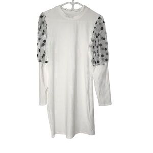 White Ribbed Knit Dress with Sheer Polka Dot Puff Sleeves/Dress Shirt